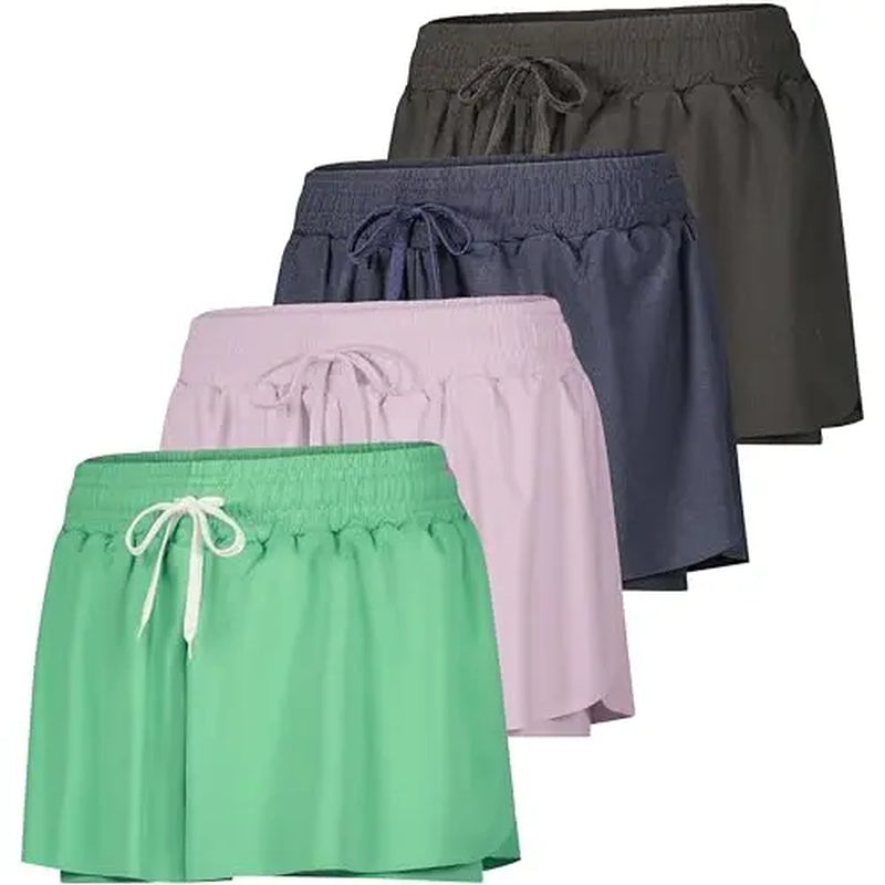 Real Essentials 4 Pack: Womens Flowy Dry Fit Running Short - Gym Yoga Workout Summer Shorts (Available in plus Size)