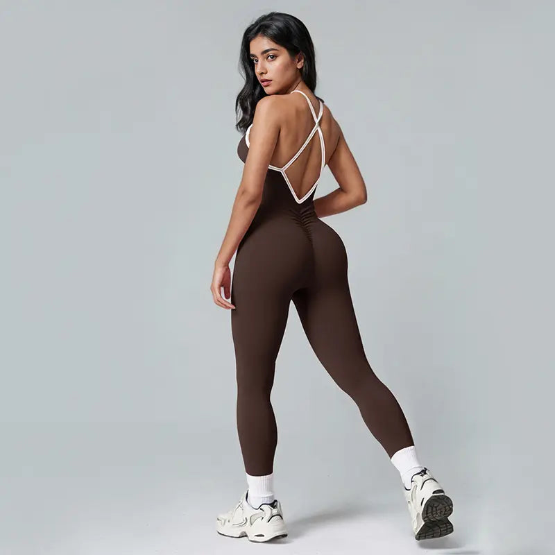 NVWA Women's High-Stretch Solid Color Contrast Binding Ruched Jumpsuit - Sleeveless, Crisscross Backless, Breathable and Comfortable Design, Butt-Lifting Quick-Dry Knit, Full Length with Removable Pads - Ideal for Workout, Yoga, and Gym Activities