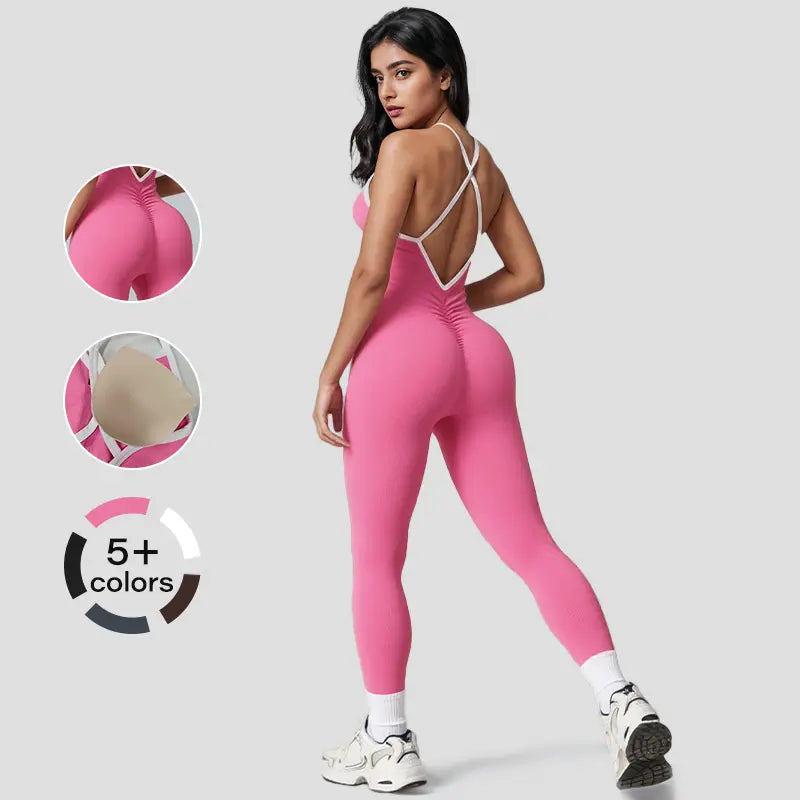 NVWA Women's High-Stretch Solid Color Contrast Binding Ruched Jumpsuit - Sleeveless, Crisscross Backless, Breathable and Comfortable Design, Butt-Lifting Quick-Dry Knit, Full Length with Removable Pads - Ideal for Workout, Yoga, and Gym Activities