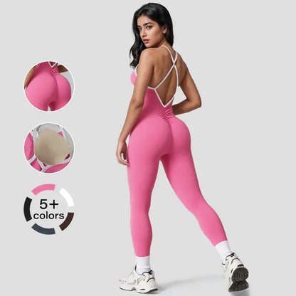 NVWA Women's High-Stretch Solid Color Contrast Binding Ruched Jumpsuit - Sleeveless, Crisscross Backless, Breathable and Comfortable Design, Butt-Lifting Quick-Dry Knit, Full Length with Removable Pads - Ideal for Workout, Yoga, and Gym Activities