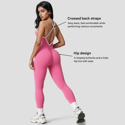 NVWA Women's High-Stretch Solid Color Contrast Binding Ruched Jumpsuit - Sleeveless, Crisscross Backless, Breathable and Comfortable Design, Butt-Lifting Quick-Dry Knit, Full Length with Removable Pads - Ideal for Workout, Yoga, and Gym Activities