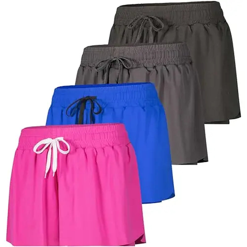 Real Essentials 4 Pack: Womens Flowy Dry Fit Running Short - Gym Yoga Workout Summer Shorts (Available in plus Size)