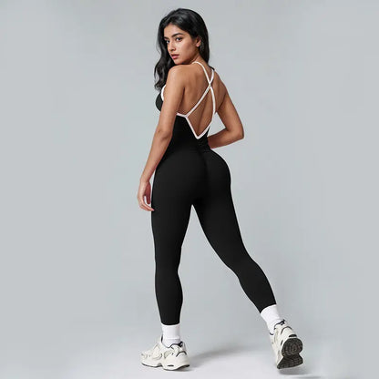 NVWA Women's High-Stretch Solid Color Contrast Binding Ruched Jumpsuit - Sleeveless, Crisscross Backless, Breathable and Comfortable Design, Butt-Lifting Quick-Dry Knit, Full Length with Removable Pads - Ideal for Workout, Yoga, and Gym Activities