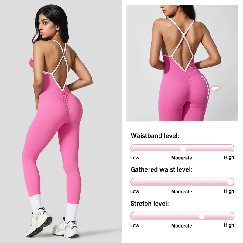 NVWA Women's High-Stretch Solid Color Contrast Binding Ruched Jumpsuit - Sleeveless, Crisscross Backless, Breathable and Comfortable Design, Butt-Lifting Quick-Dry Knit, Full Length with Removable Pads - Ideal for Workout, Yoga, and Gym Activities