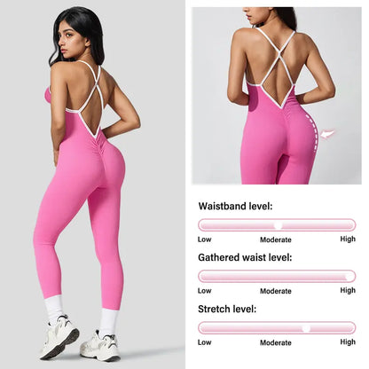 NVWA Women's High-Stretch Solid Color Contrast Binding Ruched Jumpsuit - Sleeveless, Crisscross Backless, Breathable and Comfortable Design, Butt-Lifting Quick-Dry Knit, Full Length with Removable Pads - Ideal for Workout, Yoga, and Gym Activities