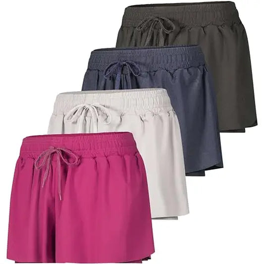 Real Essentials 4 Pack: Womens Flowy Dry Fit Running Short - Gym Yoga Workout Summer Shorts (Available in plus Size)
