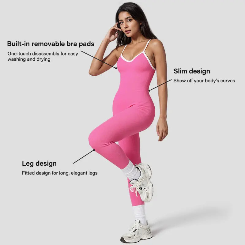 NVWA Women's High-Stretch Solid Color Contrast Binding Ruched Jumpsuit - Sleeveless, Crisscross Backless, Breathable and Comfortable Design, Butt-Lifting Quick-Dry Knit, Full Length with Removable Pads - Ideal for Workout, Yoga, and Gym Activities