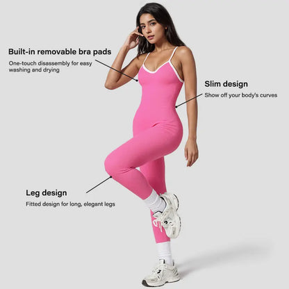 NVWA Women's High-Stretch Solid Color Contrast Binding Ruched Jumpsuit - Sleeveless, Crisscross Backless, Breathable and Comfortable Design, Butt-Lifting Quick-Dry Knit, Full Length with Removable Pads - Ideal for Workout, Yoga, and Gym Activities