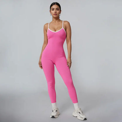 NVWA Women's High-Stretch Solid Color Contrast Binding Ruched Jumpsuit - Sleeveless, Crisscross Backless, Breathable and Comfortable Design, Butt-Lifting Quick-Dry Knit, Full Length with Removable Pads - Ideal for Workout, Yoga, and Gym Activities
